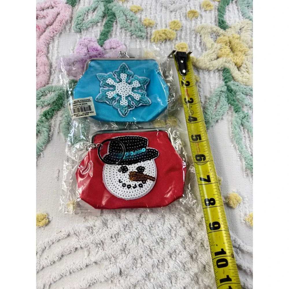 DMM Christmas Coin Purse Keychain Set Snowman Snowflake Sequin Kiss Lock 2 Pack